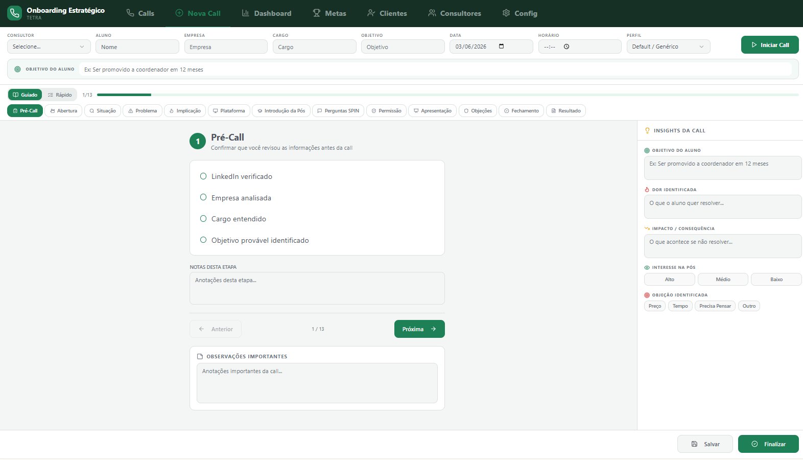 Ferramenta de onboarding comercial com roteiro guiado, insights e tratamento de objeções